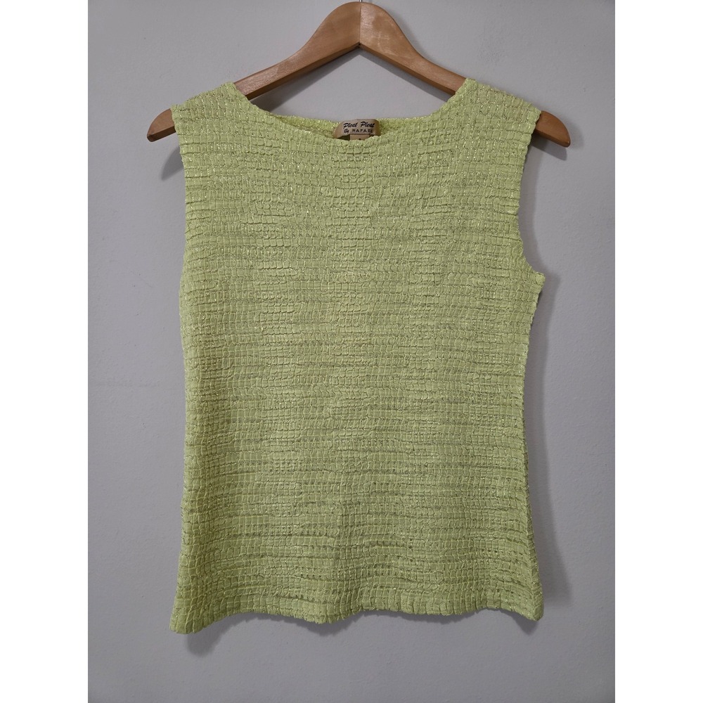 Pleat Pleat by Rafael Lime Green Metallic Popcorn Pleated Sleeveless Top Small